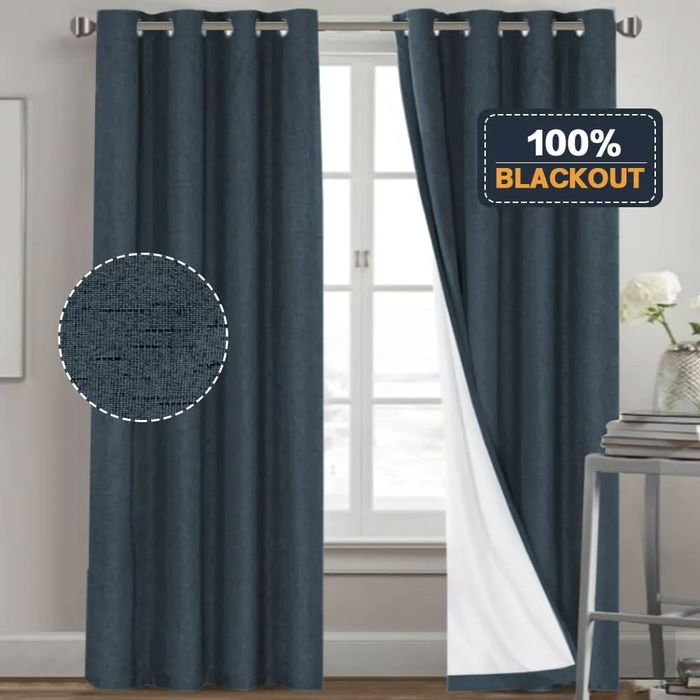PrinceDeco Primitive Textured Linen 100% Blackout Curtains for Bedroom/Living Room Energy Saving Window Treatment Curtain Drapes, Burlap Fabric with White Thermal Insulated Liner (52 x 96 Inch, Navy)
