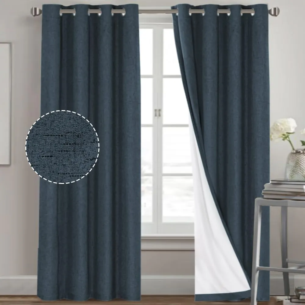 PrinceDeco Primitive Textured Linen 100% Blackout Curtains for Bedroom/Living Room Energy Saving Window Treatment Curtain Drapes, Burlap Fabric with White Thermal Insulated Liner (52 x 96 Inch, Navy)