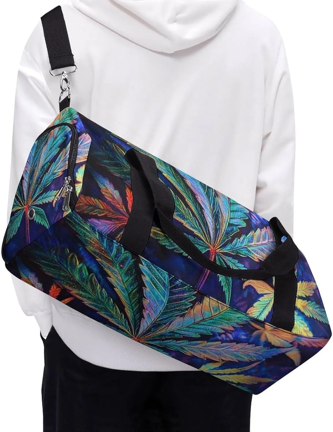 Psychedelic Bright Cannabis Leafs Fitness Large Gym Bag for Unisex with Shoe Compartment & Wet Pocket