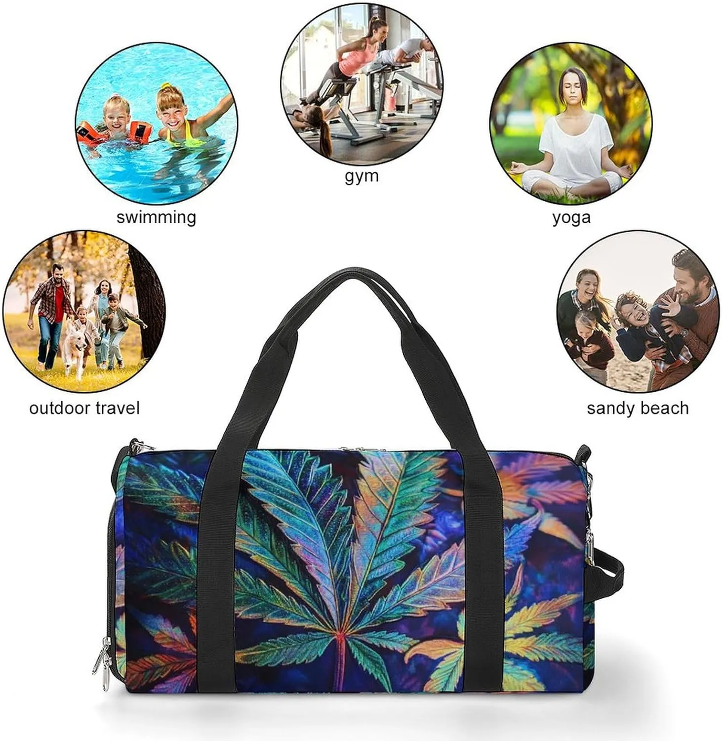 Psychedelic Bright Cannabis Leafs Fitness Large Gym Bag for Unisex with Shoe Compartment & Wet Pocket