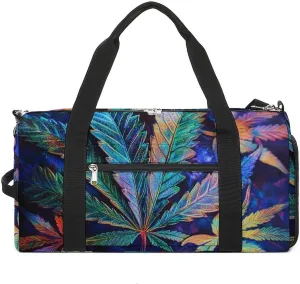 Psychedelic Bright Cannabis Leafs Fitness Large Gym Bag for Unisex with Shoe Compartment & Wet Pocket