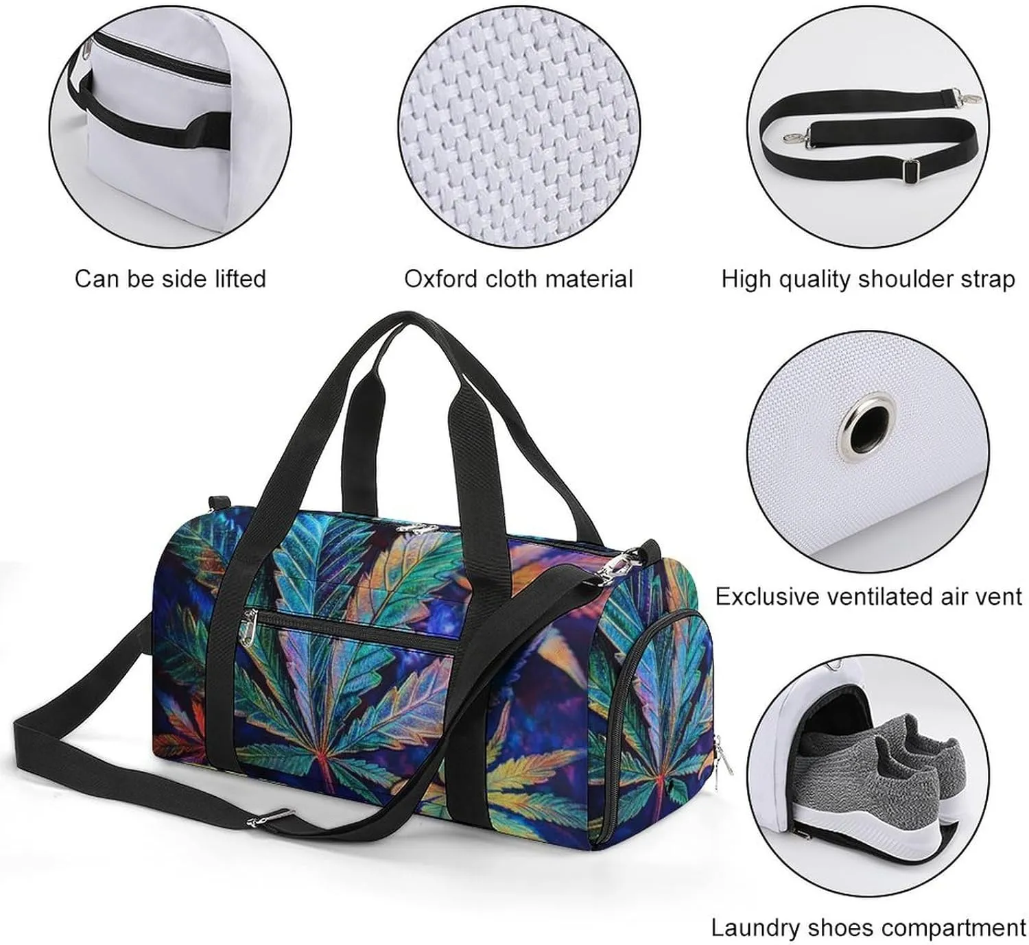 Psychedelic Bright Cannabis Leafs Fitness Large Gym Bag for Unisex with Shoe Compartment & Wet Pocket