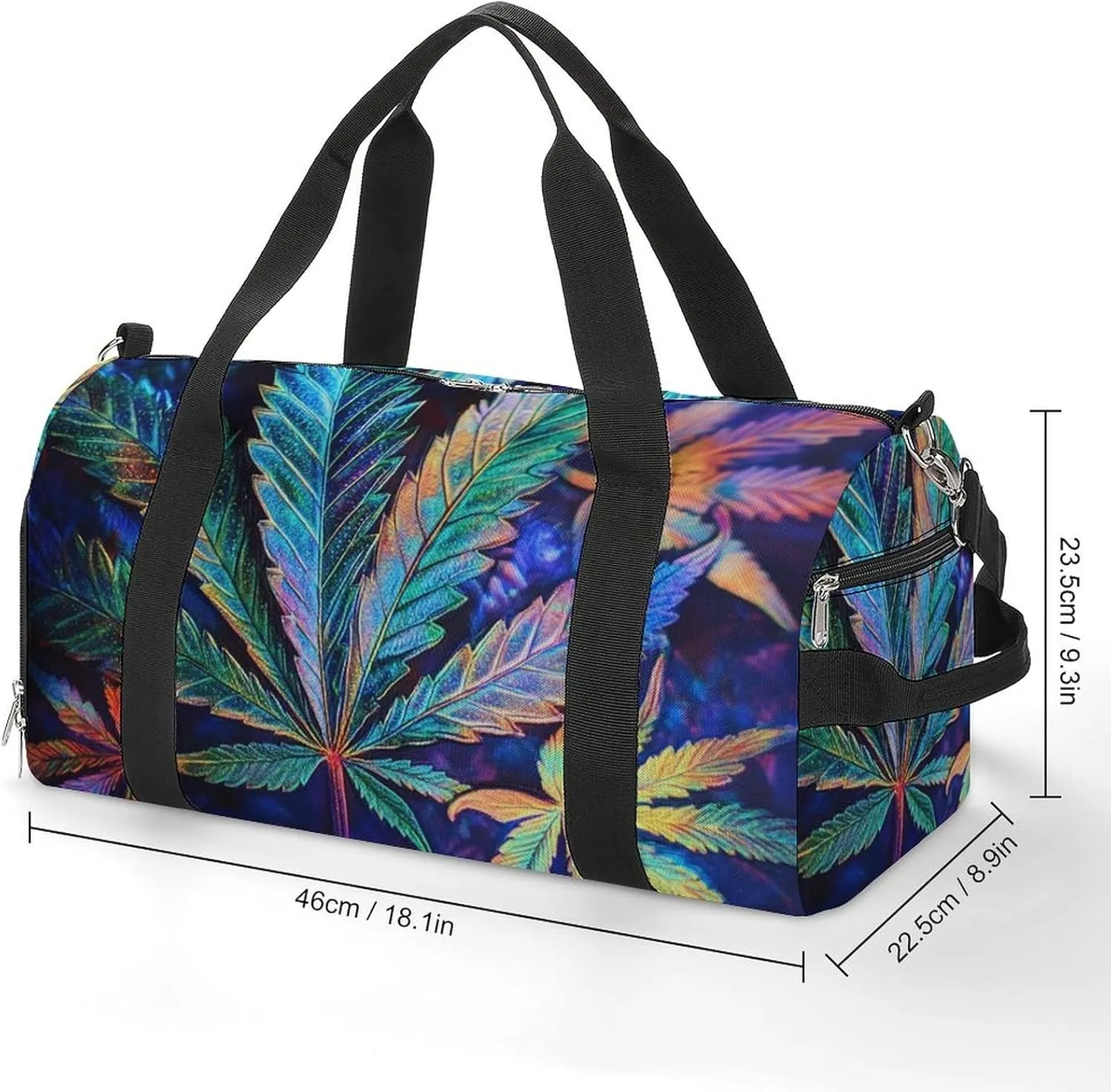 Psychedelic Bright Cannabis Leafs Fitness Large Gym Bag for Unisex with Shoe Compartment & Wet Pocket
