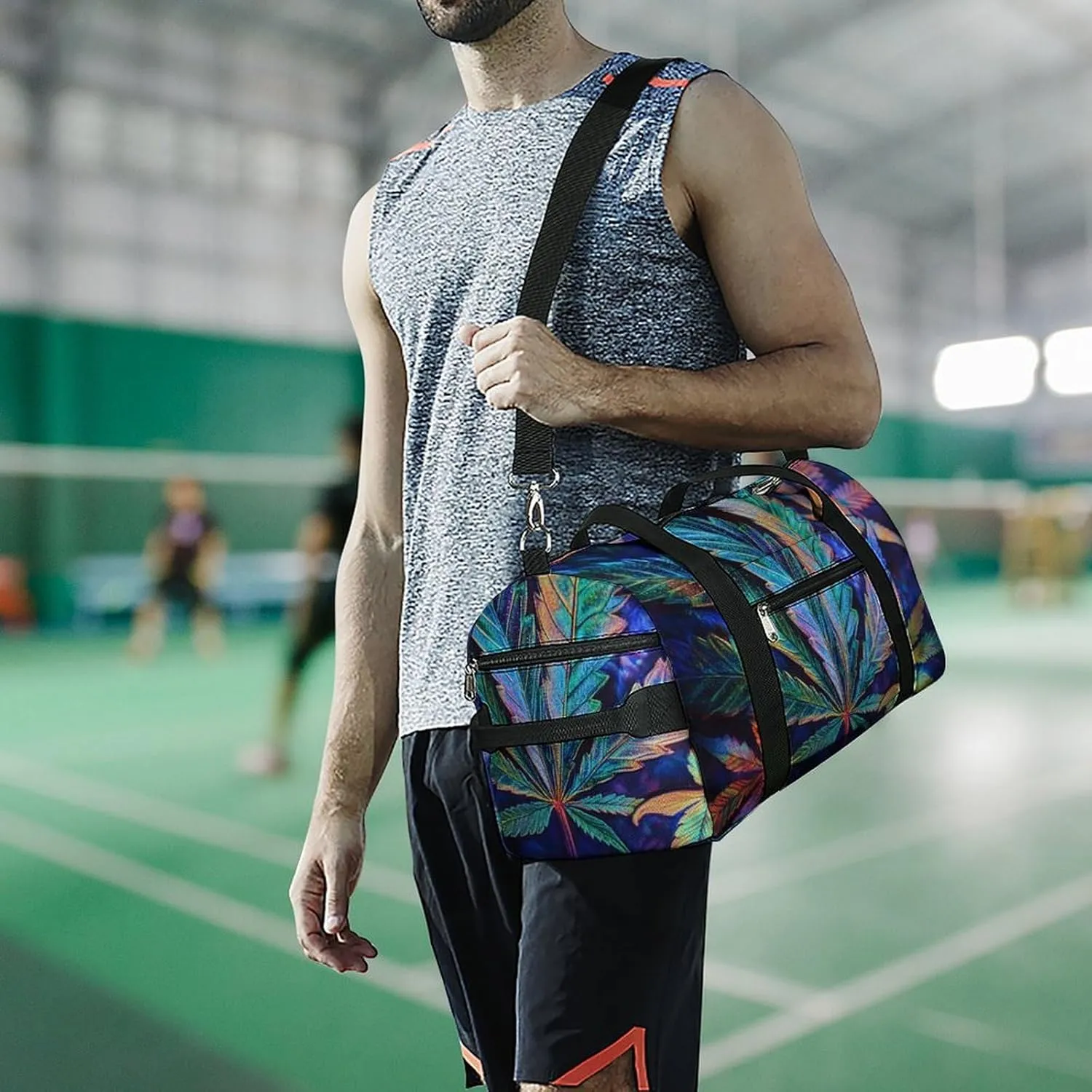 Psychedelic Bright Cannabis Leafs Fitness Large Gym Bag for Unisex with Shoe Compartment & Wet Pocket