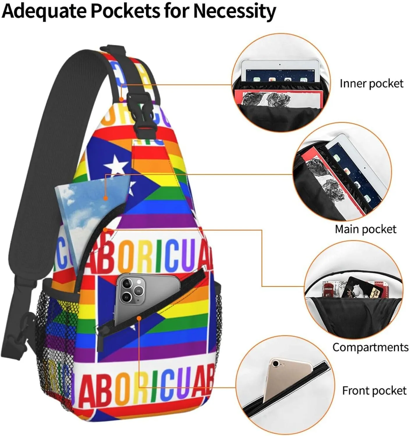 Puerto Rico Boricua Gay Pride Lgbt Rainbow Flag Chest Sling Bag Crossbody Shoulder Backpack Bag Gym Cycling Travel Hiking Daypack Cross Bag