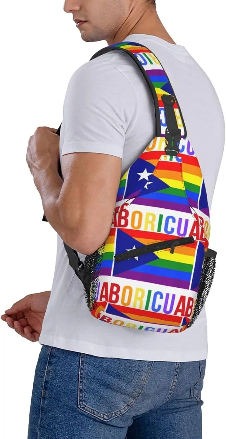 Puerto Rico Boricua Gay Pride Lgbt Rainbow Flag Chest Sling Bag Crossbody Shoulder Backpack Bag Gym Cycling Travel Hiking Daypack Cross Bag