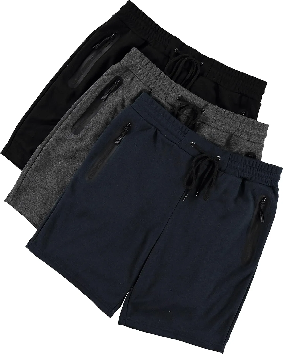 PURE CHAMP Mens 3 Pk French Terry Cotton Casual Gym Shorts for Men Athletic Workout Training Sweat Shorts with Zipper Pocket