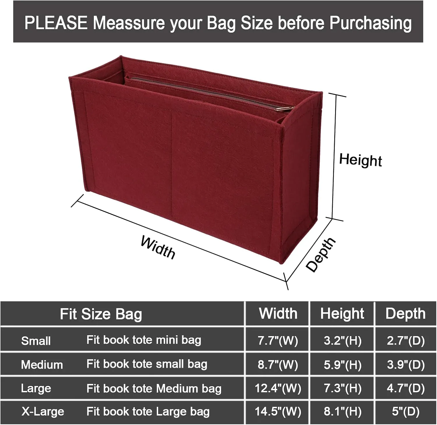 Purse Insert Organizer for dior book tote Large Bag Insert Premium Purse Felt Insert Multiple Pockets (BurGundy, Small), KS12-BurGundy-S