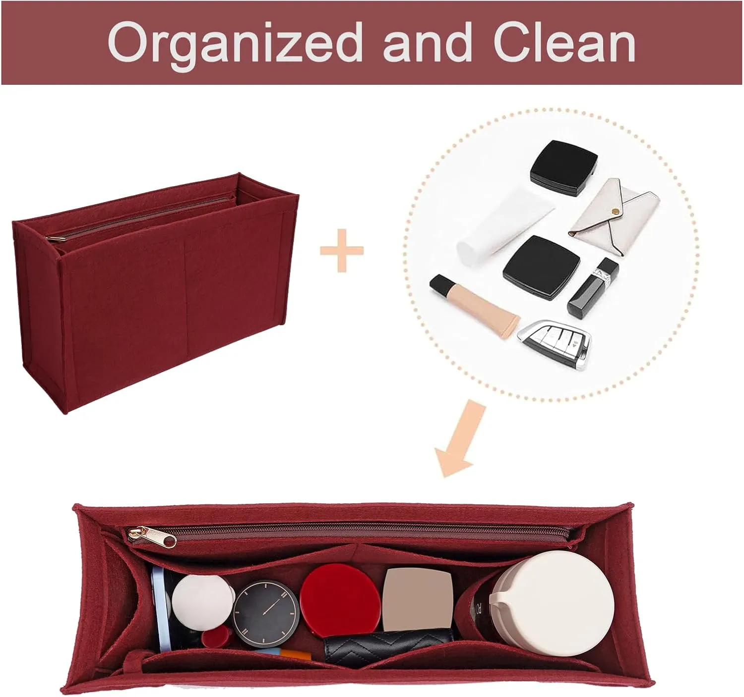 Purse Insert Organizer for dior book tote Large Bag Insert Premium Purse Felt Insert Multiple Pockets (BurGundy, Small), KS12-BurGundy-S