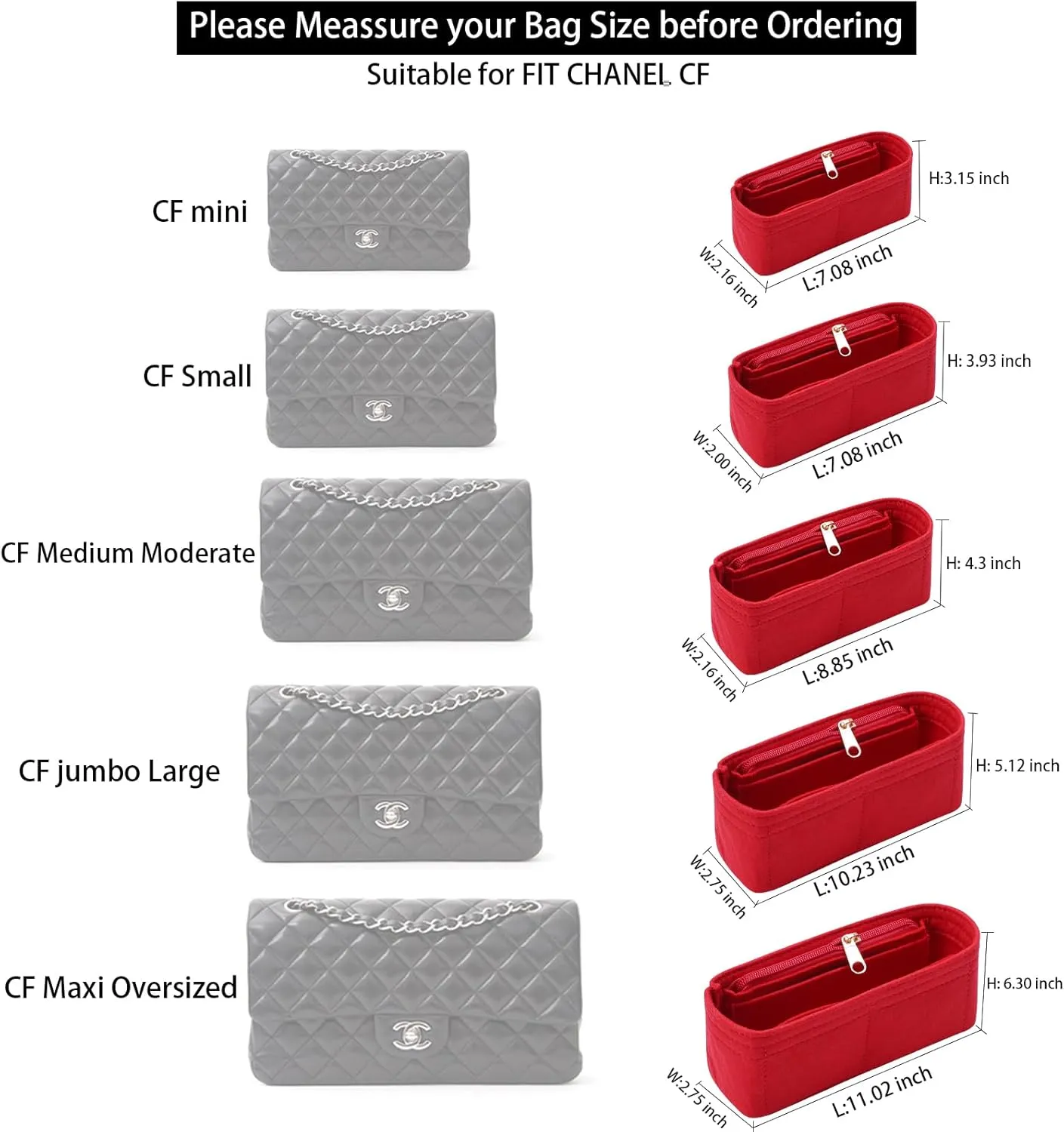 Purse Organizer Insert for Chanel Classic Flap S Bag Organizer Insert Handbag (Red, Small)
