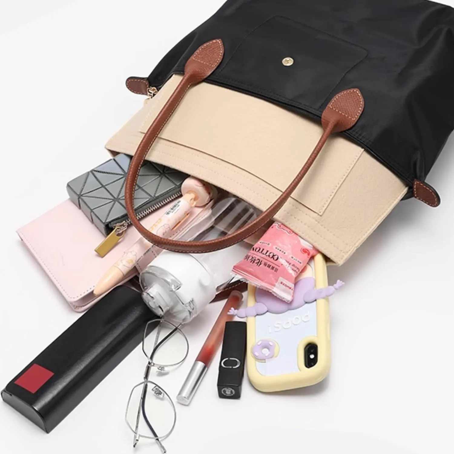 Purse Organizer Insert for Longchamp Le Pliage Tote, Handbag Organizer with Cup Holder, Compatible with LE PLIAGE Tote Handbags Large/Small,LE PLIAGE Top Handle S/M (Grey, L/11 * 9.84 * 6.7in)