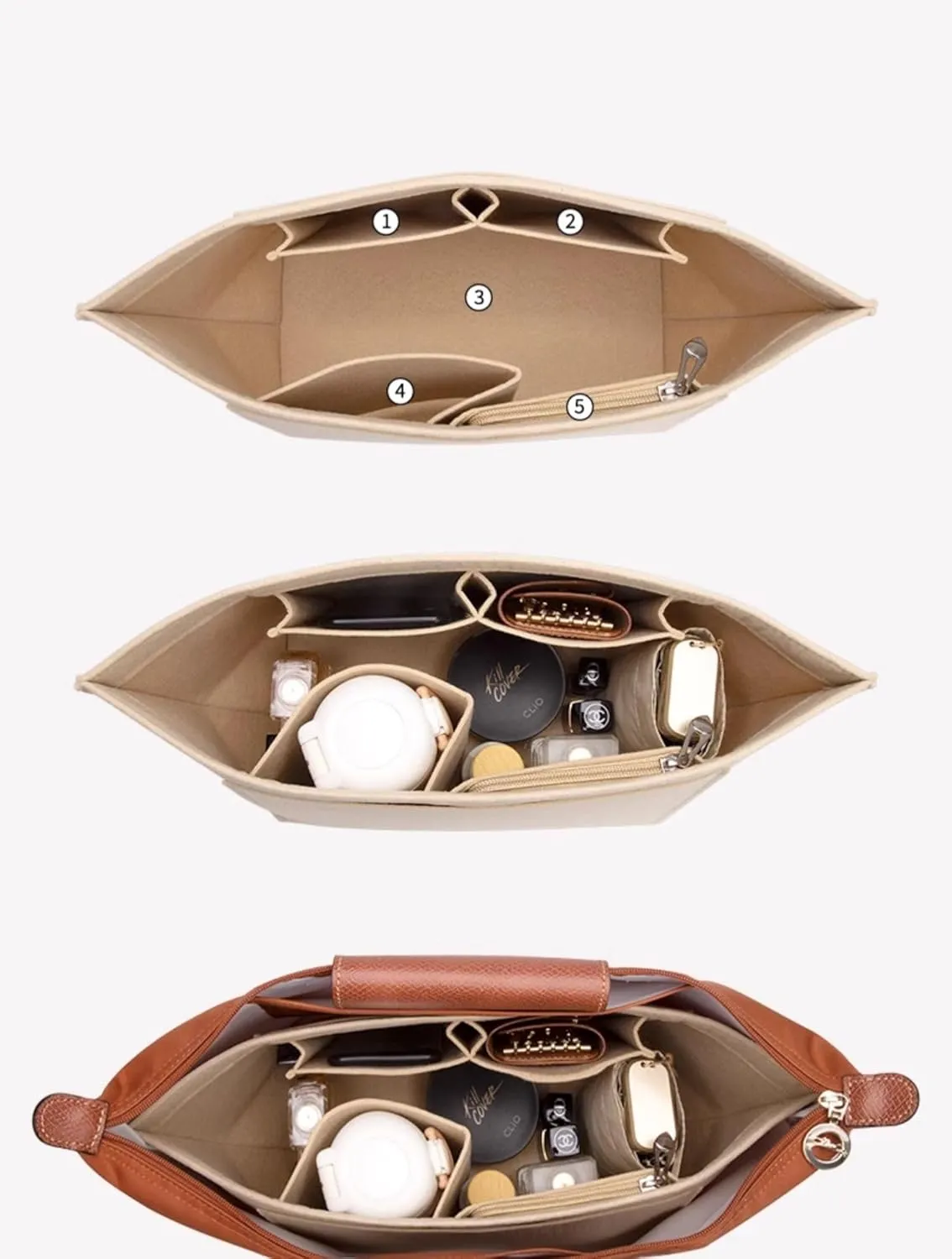 Purse Organizer Insert for Longchamp Le Pliage Tote, Handbag Organizer with Cup Holder, Compatible with LE PLIAGE Tote Handbags Large/Small,LE PLIAGE Top Handle S/M (Grey, L/11 * 9.84 * 6.7in)
