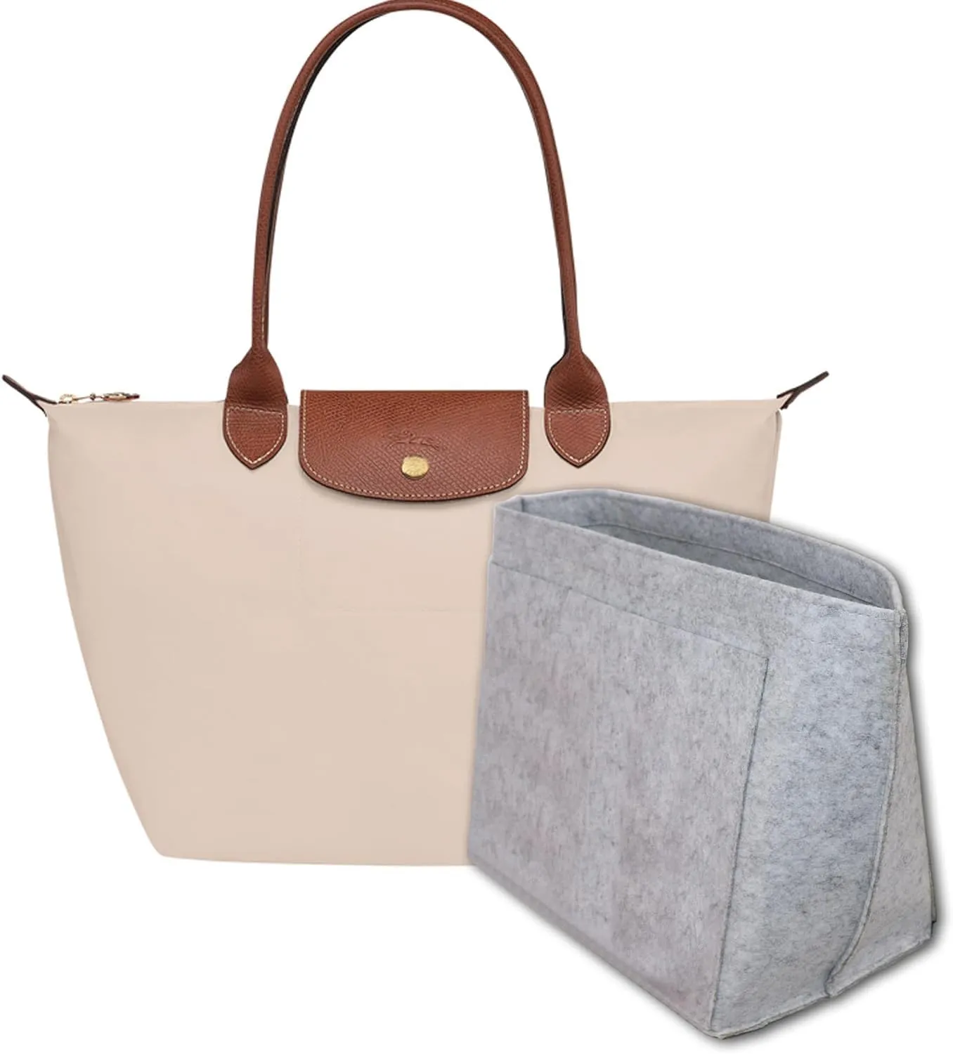 Purse Organizer Insert for Longchamp Le Pliage Tote, Handbag Organizer with Cup Holder, Compatible with LE PLIAGE Tote Handbags Large/Small,LE PLIAGE Top Handle S/M (Grey, L/11 * 9.84 * 6.7in)