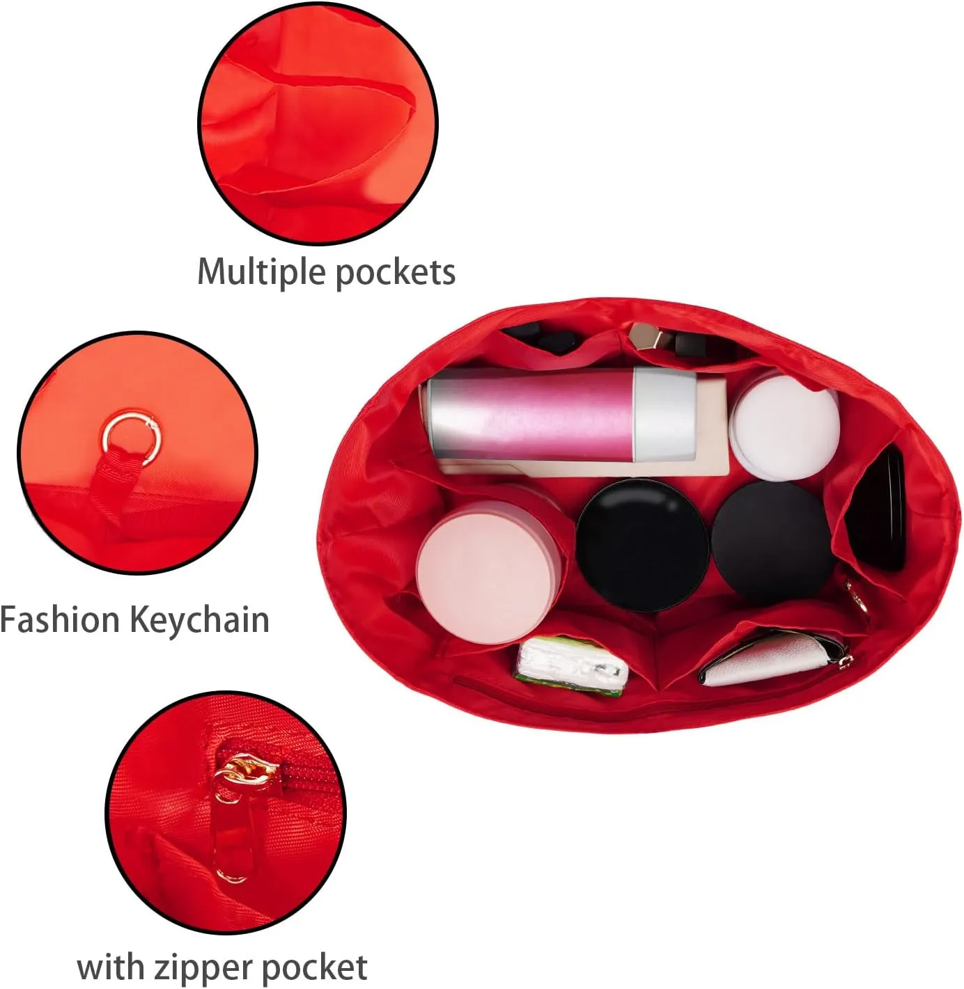 Purse Organizer Insert, Nylon, Red, Small, 8.9"L x 4.7"W x 5.3"H, 7 Pockets, Lightweight, Perfect for Speedy 25 & Tote mini