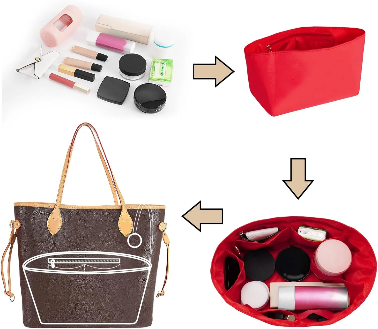 Purse Organizer Insert, Nylon, Red, Small, 8.9"L x 4.7"W x 5.3"H, 7 Pockets, Lightweight, Perfect for Speedy 25 & Tote mini