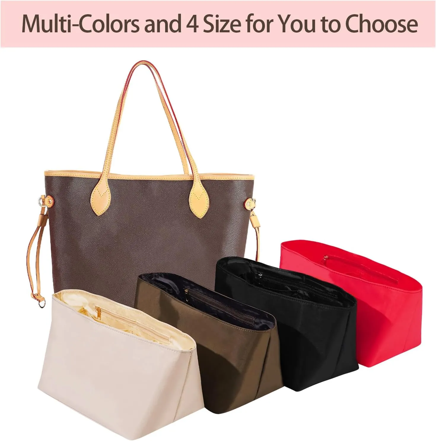 Purse Organizer Insert, Nylon, Red, Small, 8.9"L x 4.7"W x 5.3"H, 7 Pockets, Lightweight, Perfect for Speedy 25 & Tote mini