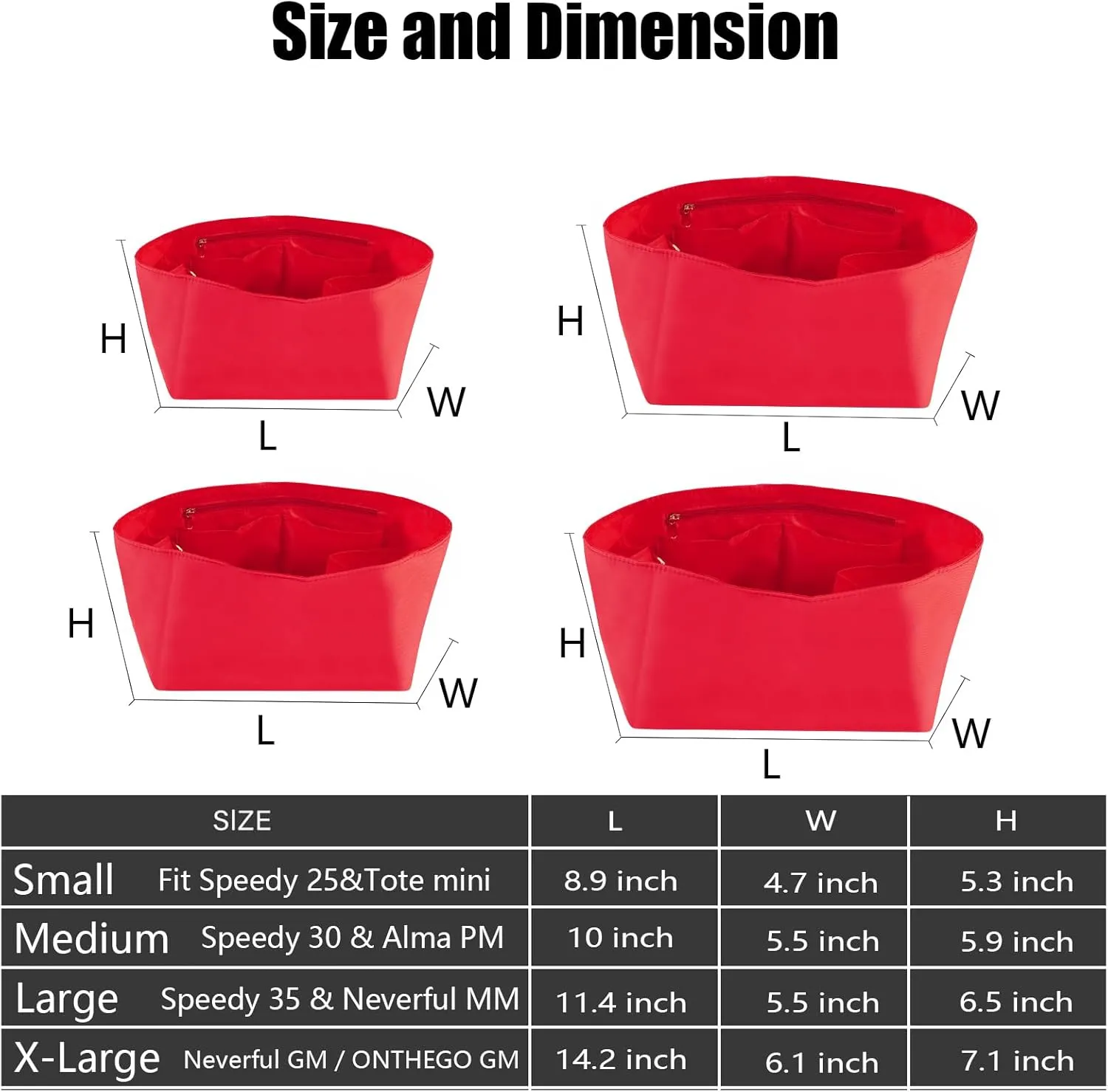 Purse Organizer Insert, Nylon, Red, Small, 8.9"L x 4.7"W x 5.3"H, 7 Pockets, Lightweight, Perfect for Speedy 25 & Tote mini