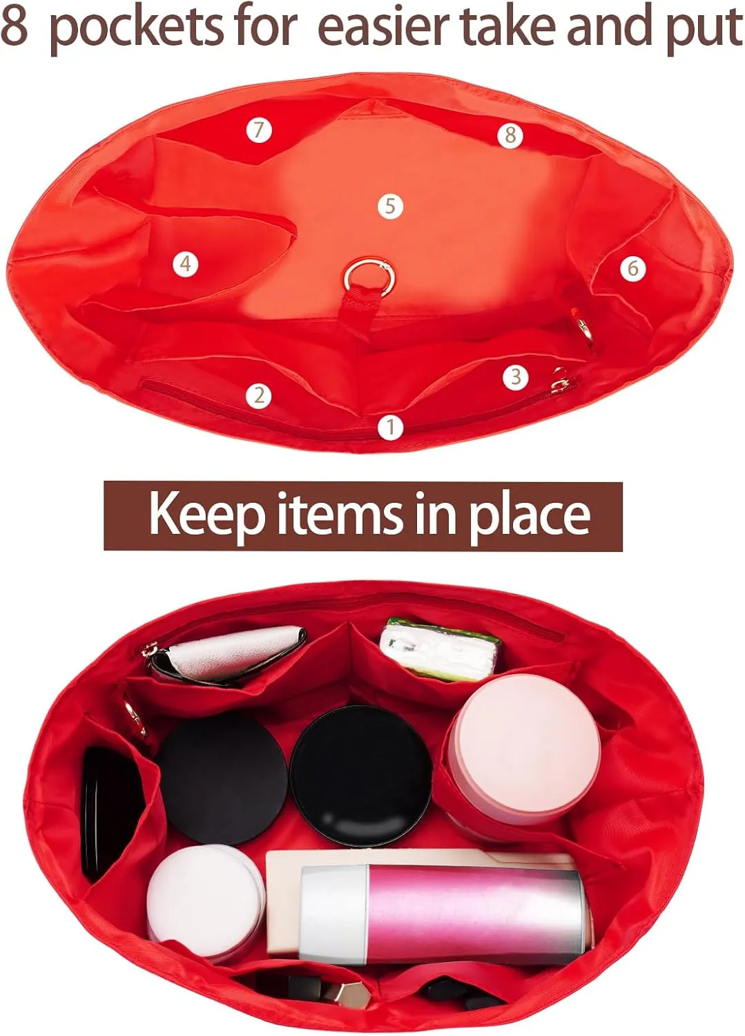 Purse Organizer Insert, Nylon, Red, Small, 8.9"L x 4.7"W x 5.3"H, 7 Pockets, Lightweight, Perfect for Speedy 25 & Tote mini