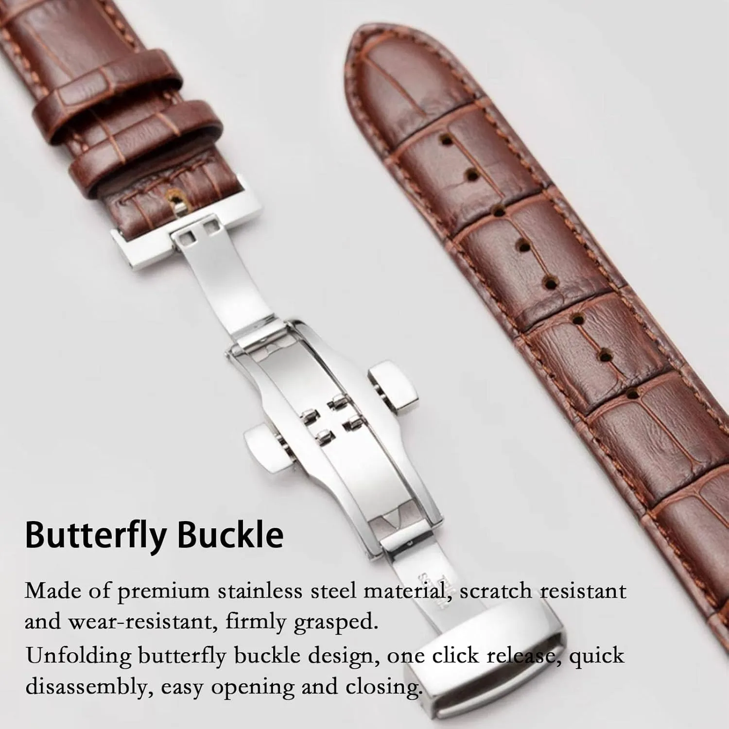 Quick Release Genuine Leather Deployment Watch Band Italian Alligator Grain Embossed Calfskin Leather 14mm to 24mm Luxury Business Casual Universal Replacement Strap Men Women