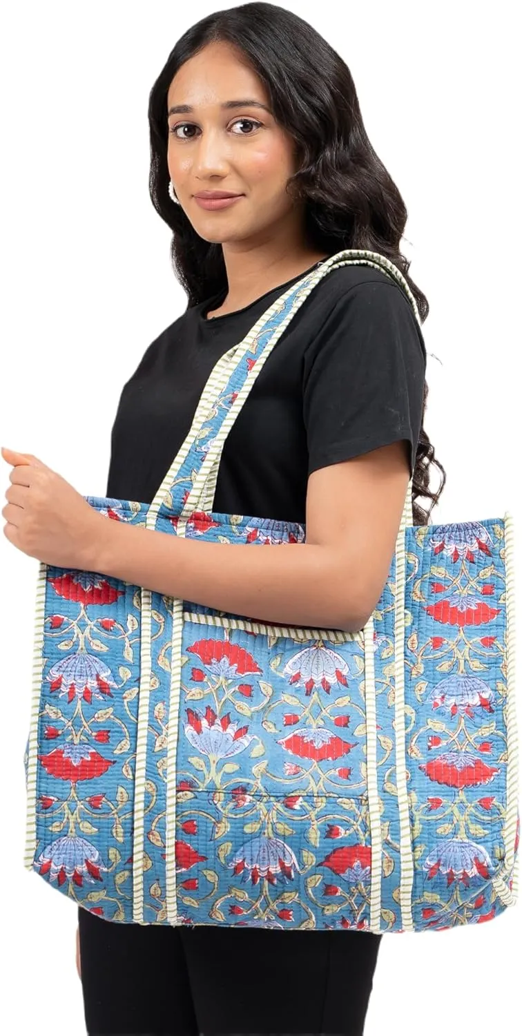 Quilted Large Cotton Fabric Tote Bag For Travel Grocery Shopping Weekend Trips with Inside and Outside Pocket