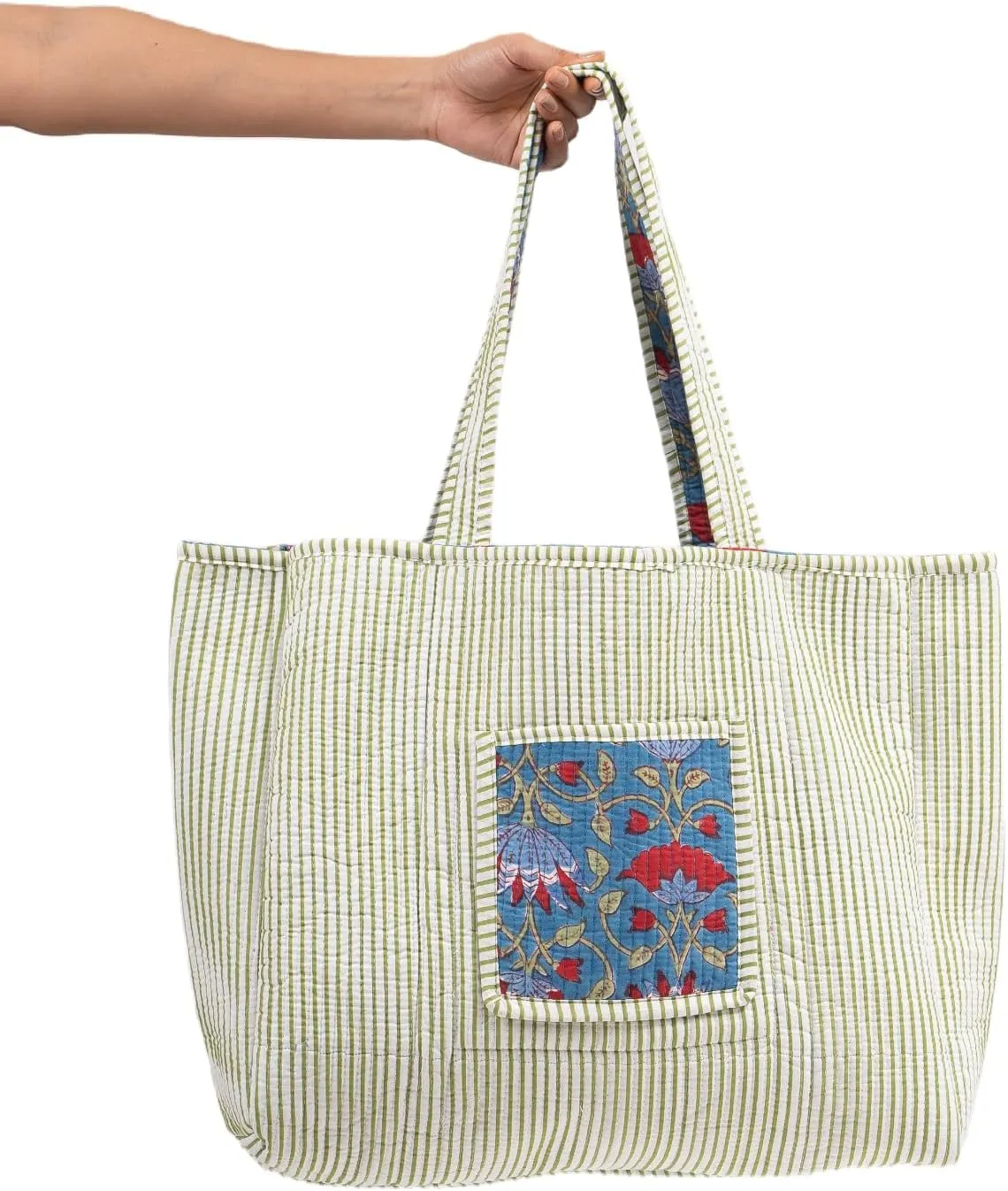 Quilted Large Cotton Fabric Tote Bag For Travel Grocery Shopping Weekend Trips with Inside and Outside Pocket