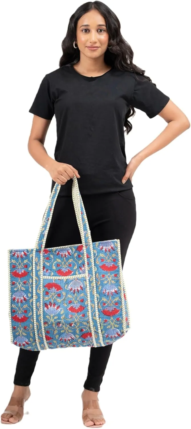Quilted Large Cotton Fabric Tote Bag For Travel Grocery Shopping Weekend Trips with Inside and Outside Pocket