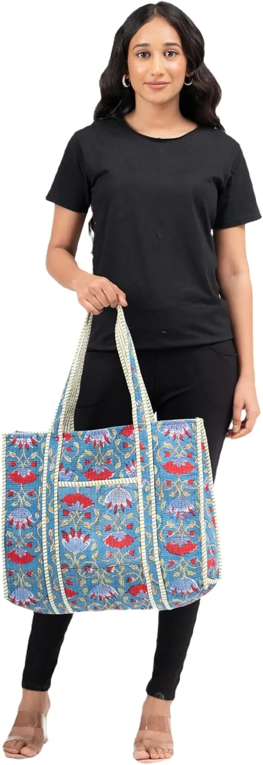 Quilted Large Cotton Fabric Tote Bag For Travel Grocery Shopping Weekend Trips with Inside and Outside Pocket