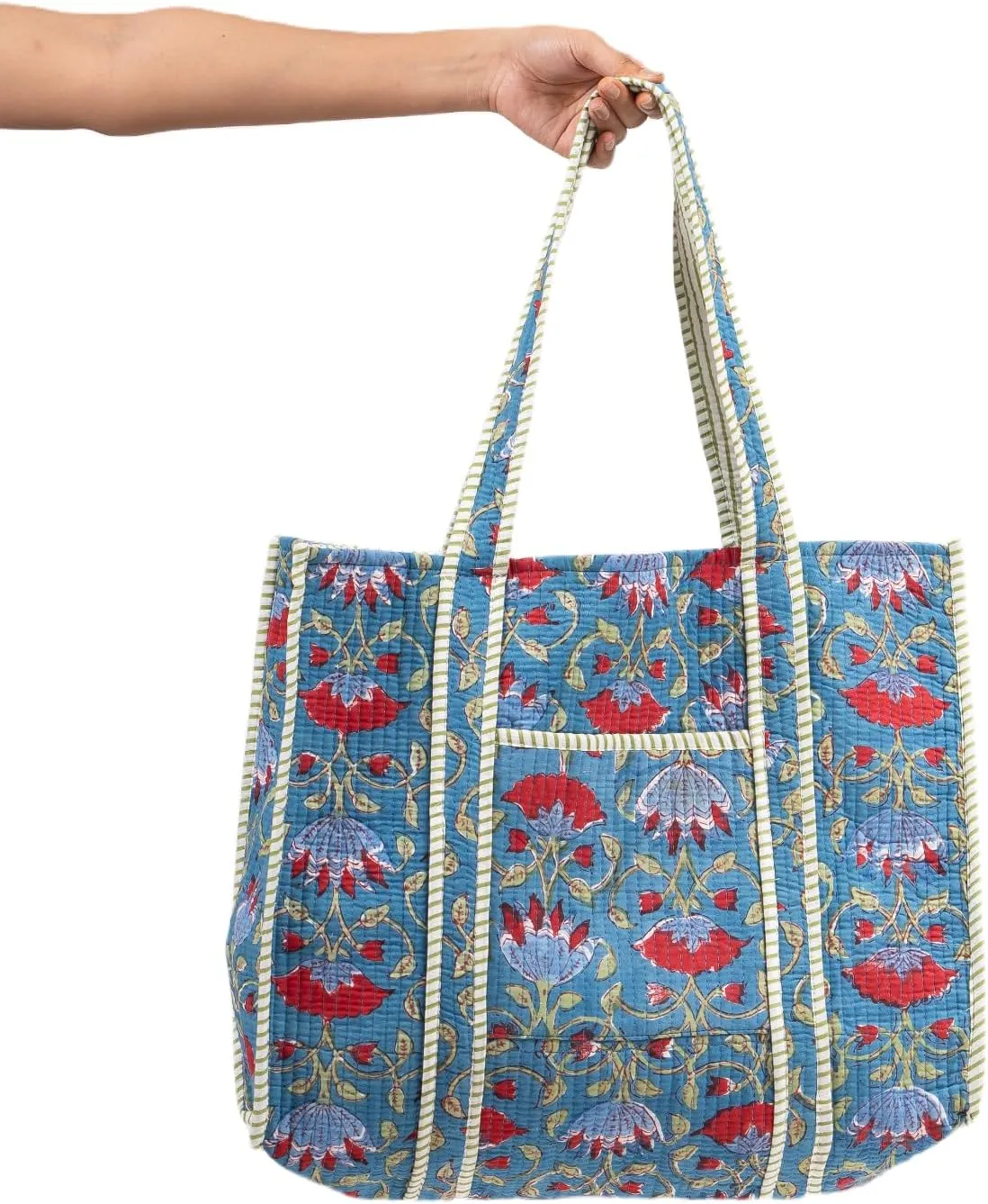Quilted Large Cotton Fabric Tote Bag For Travel Grocery Shopping Weekend Trips with Inside and Outside Pocket
