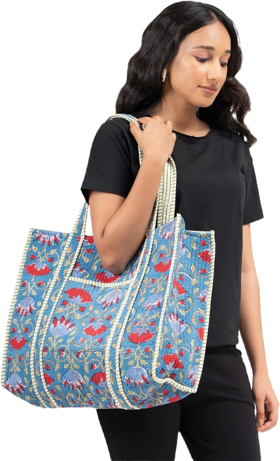 Quilted Large Cotton Fabric Tote Bag For Travel Grocery Shopping Weekend Trips with Inside and Outside Pocket