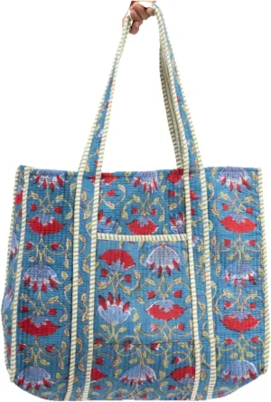 Quilted Large Cotton Fabric Tote Bag For Travel Grocery Shopping Weekend Trips with Inside and Outside Pocket