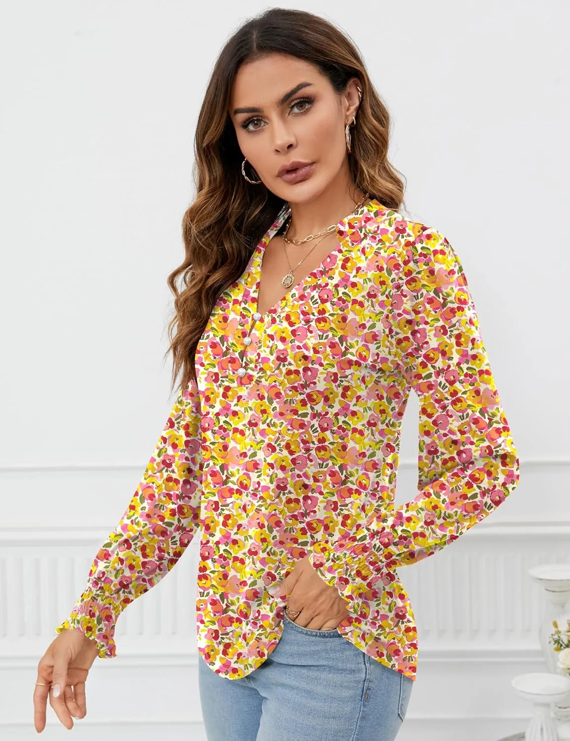 Rapbin Womens V Neck Puff Long Sleeve Button Down Tunic Blouses Fall Tops 2024 Ruffle Cuffs Dressy Casual T-Shirts