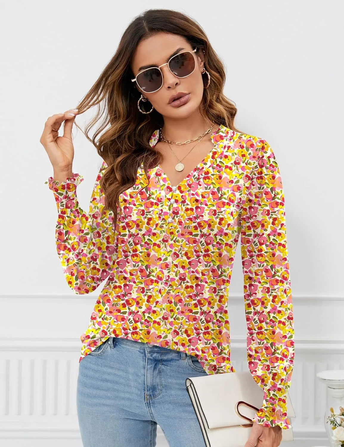 Rapbin Womens V Neck Puff Long Sleeve Button Down Tunic Blouses Fall Tops 2024 Ruffle Cuffs Dressy Casual T-Shirts