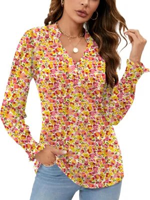 Rapbin Womens V Neck Puff Long Sleeve Button Down Tunic Blouses Fall Tops 2024 Ruffle Cuffs Dressy Casual T-Shirts