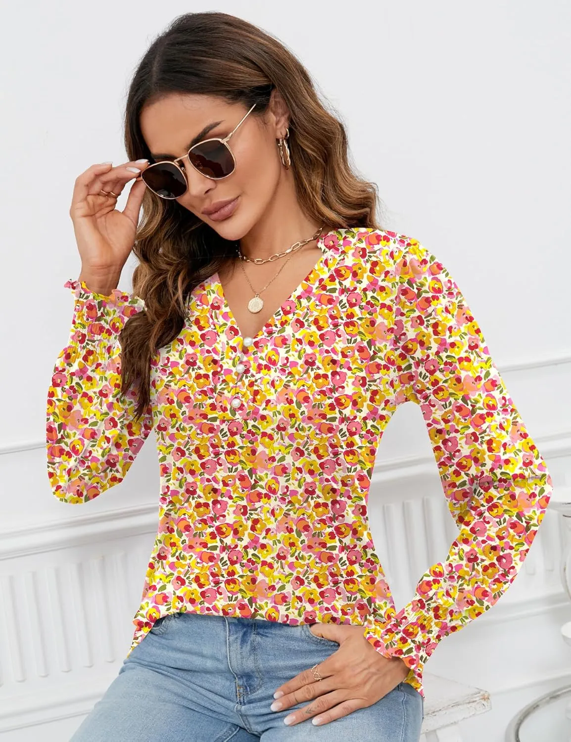 Rapbin Womens V Neck Puff Long Sleeve Button Down Tunic Blouses Fall Tops 2024 Ruffle Cuffs Dressy Casual T-Shirts