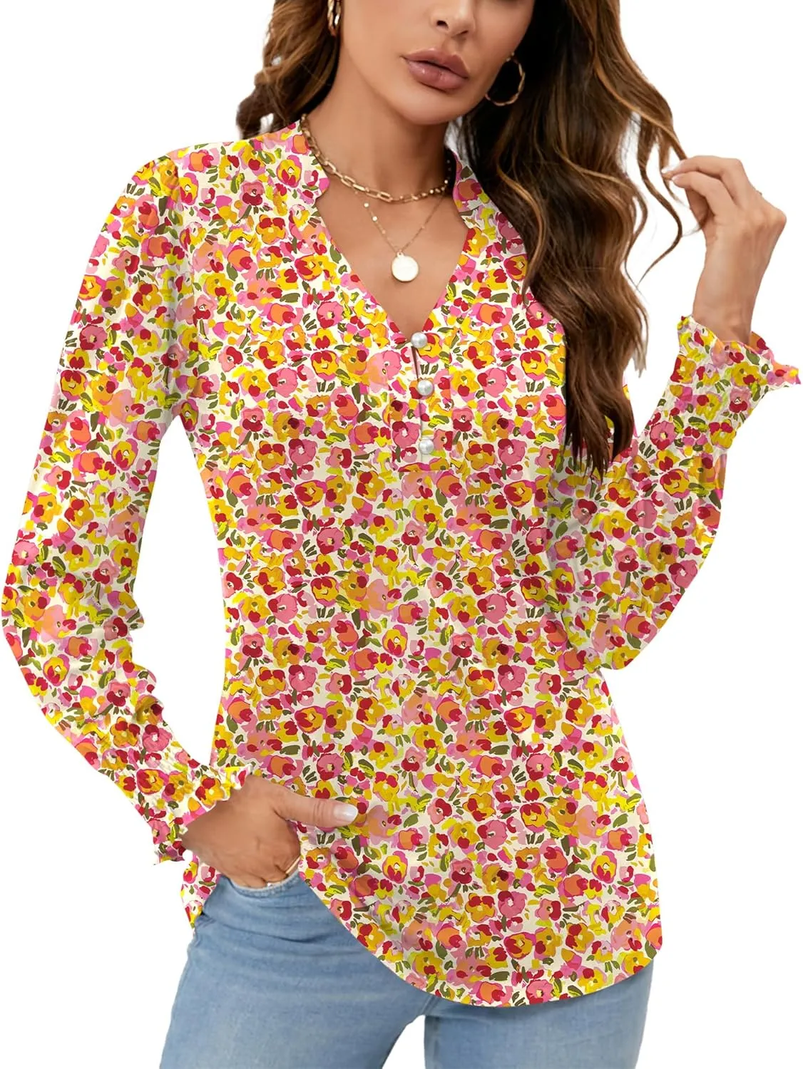 Rapbin Womens V Neck Puff Long Sleeve Button Down Tunic Blouses Fall Tops 2024 Ruffle Cuffs Dressy Casual T-Shirts