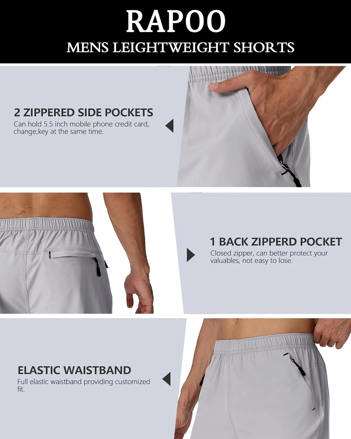 Rapoo Men's Athletic Shorts 7 Inch Inseam Water Resistant Lightweight Quick Dry Workout Shorts with Zipper Pockets