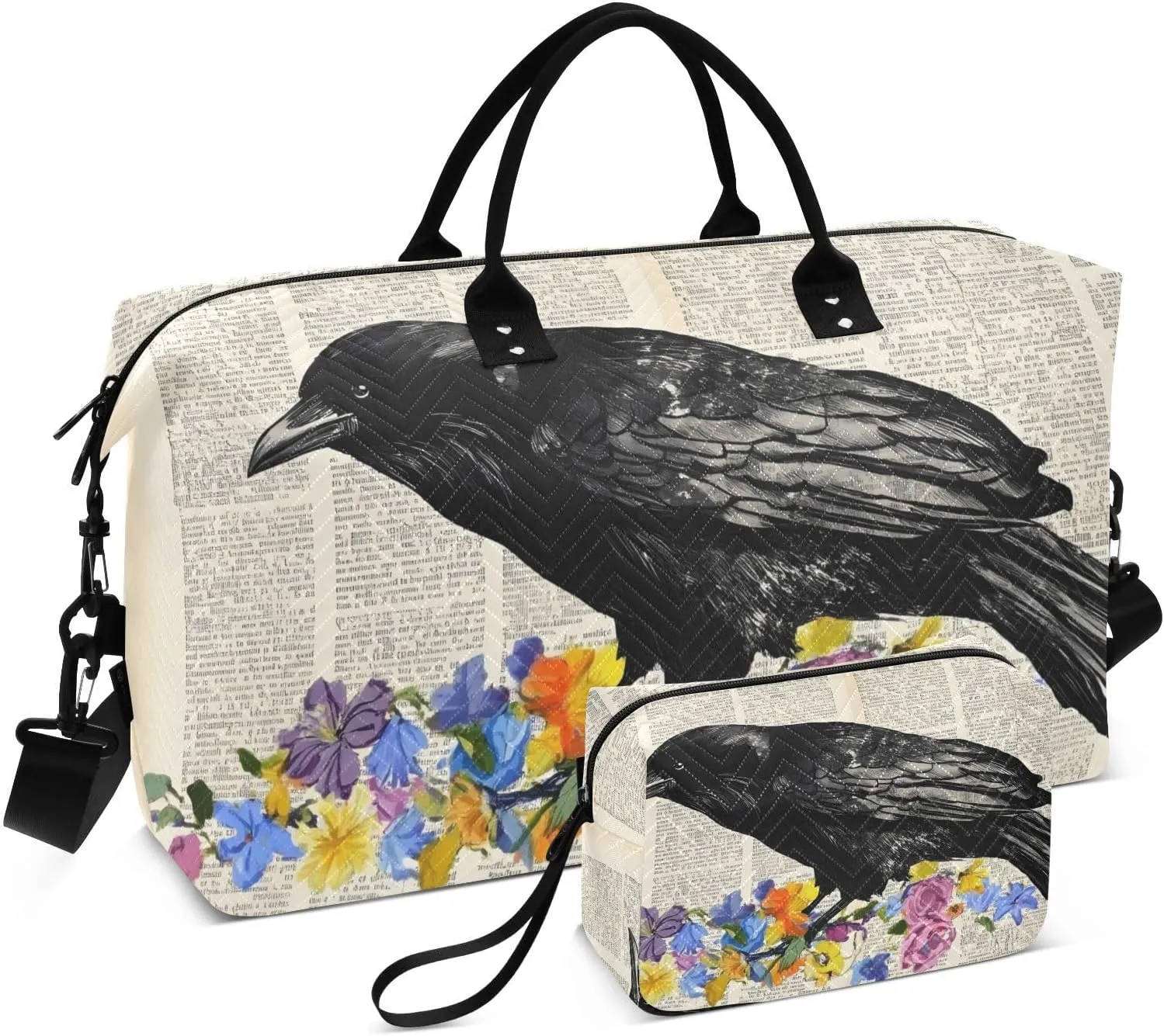 Raven Flowers Paper Duffle Bag for Travel, Gym Bag with Multiple Interior Pockets for Men Women Overnight Purse Included 20.5 x 1.9 x 13.8 In