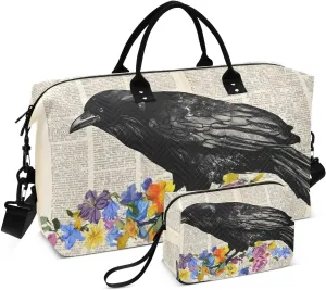Raven Flowers Paper Duffle Bag for Travel, Gym Bag with Multiple Interior Pockets for Men Women Overnight Purse Included 20.5 x 1.9 x 13.8 In