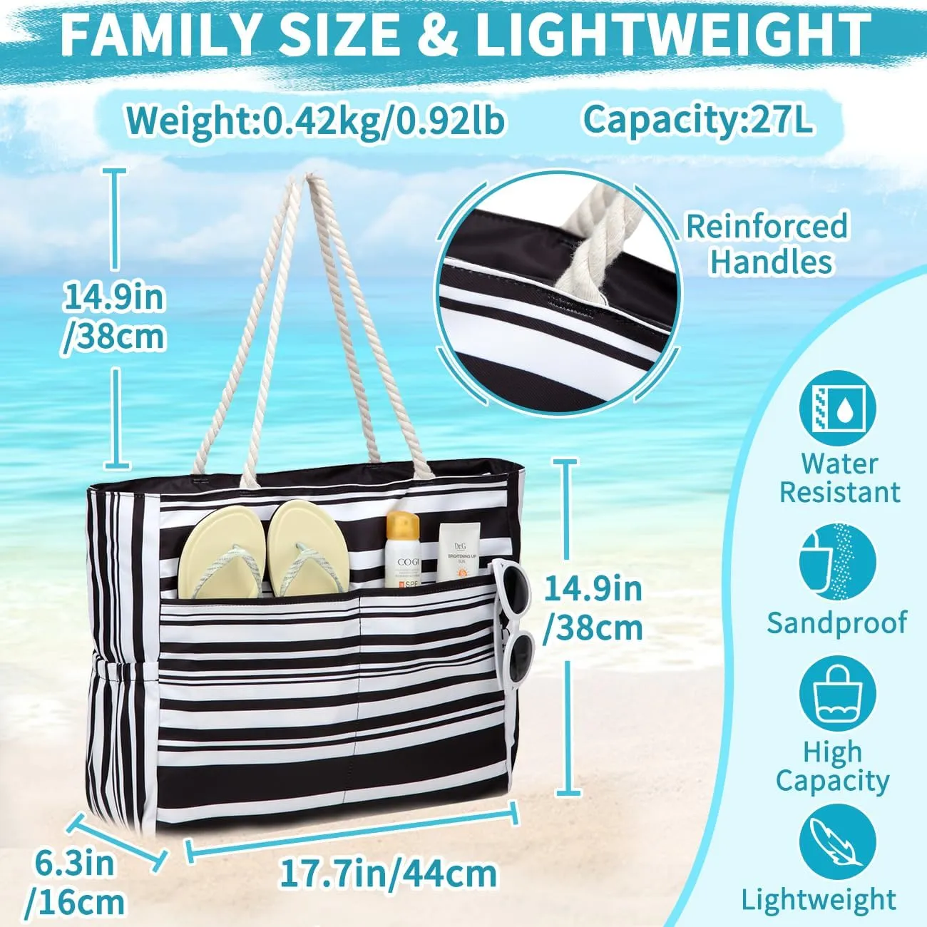 RAVUO Beach Bags, Extra Large Women Tote with Zip Summer Holiday Handbags with Multiple Pockets for Family