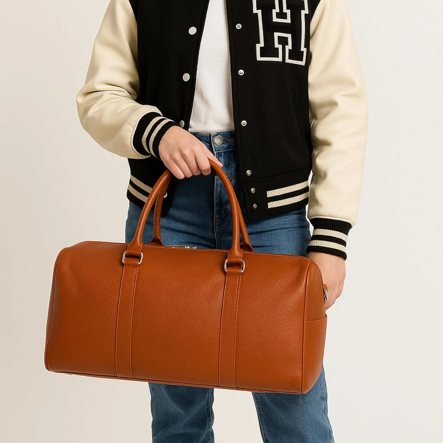 Real Cowhide Leather Travel Duffel Bag – Waterproof Weekender Overnight Bag, Vintage Handcrafted Travel Carry-On Luggage (Tan)