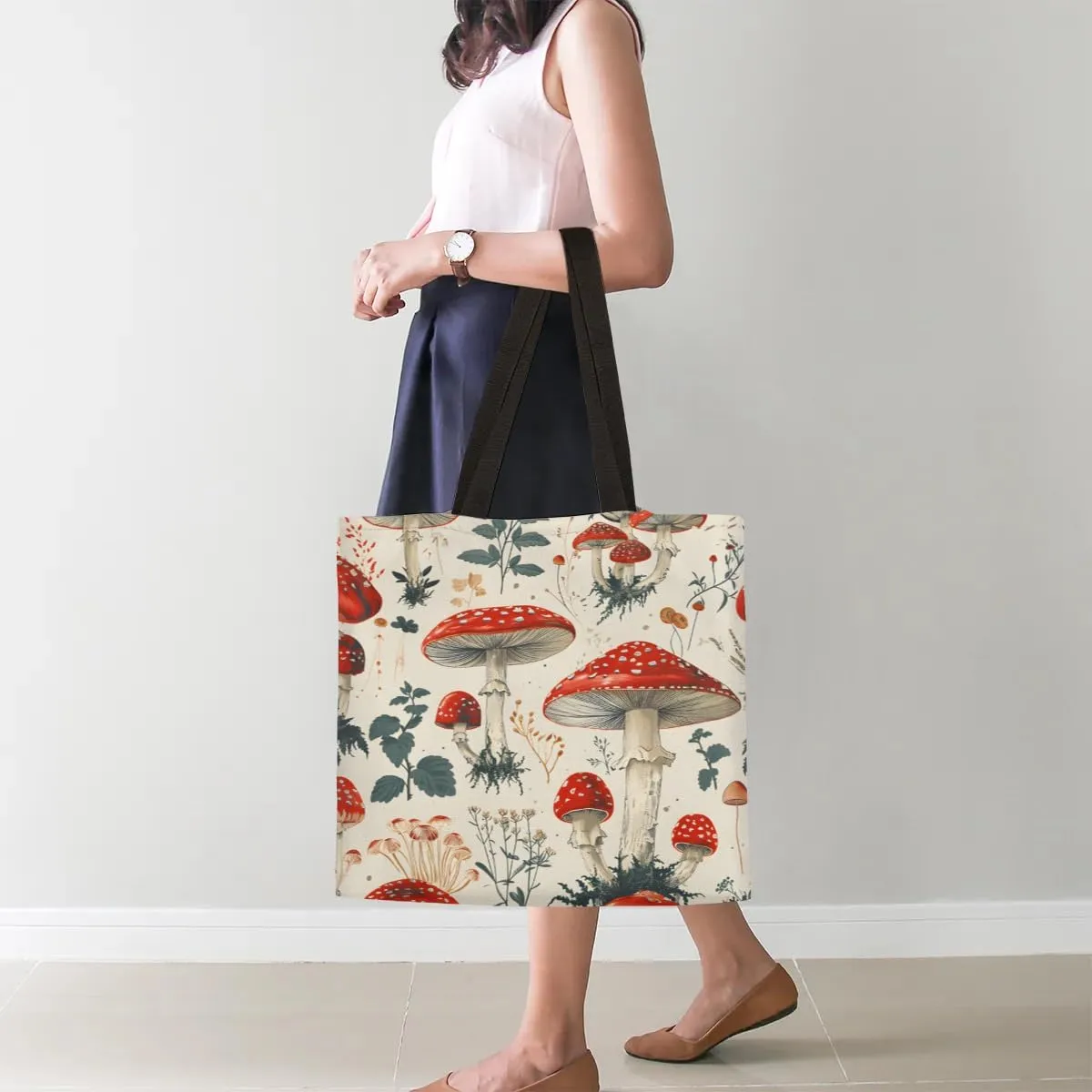 Red Flowers Ladybugs Canvas Tote Bag for Women Men Stylish Tote Handbag Shoulder Bag Reusable Grocery Bag