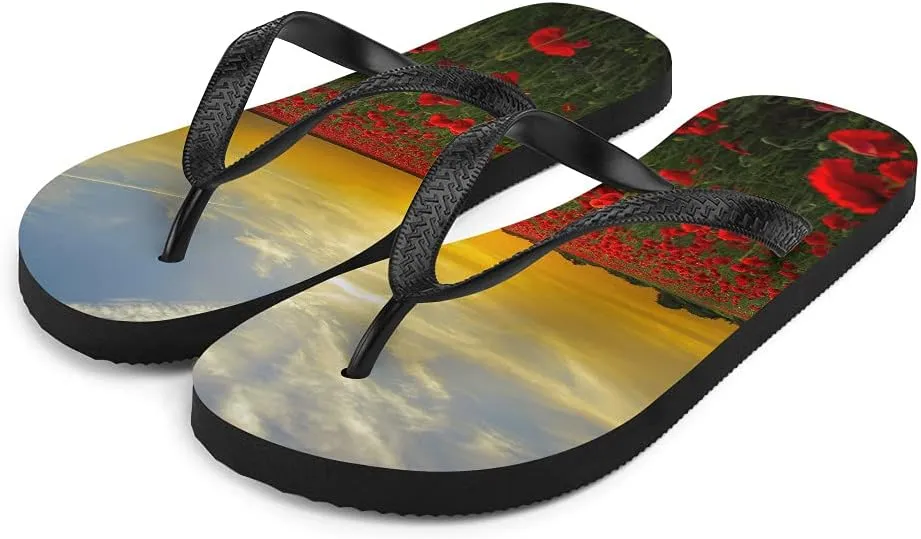 Red Flowers Sunset Flip Flops - Field of Red Flowers Unisex Mens Womens Flip Flops for Beach Pool Shower