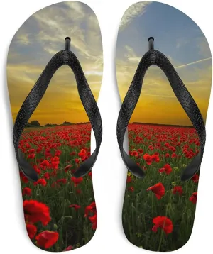 Red Flowers Sunset Flip Flops - Field of Red Flowers Unisex Mens Womens Flip Flops for Beach Pool Shower