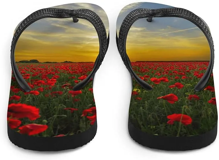 Red Flowers Sunset Flip Flops - Field of Red Flowers Unisex Mens Womens Flip Flops for Beach Pool Shower