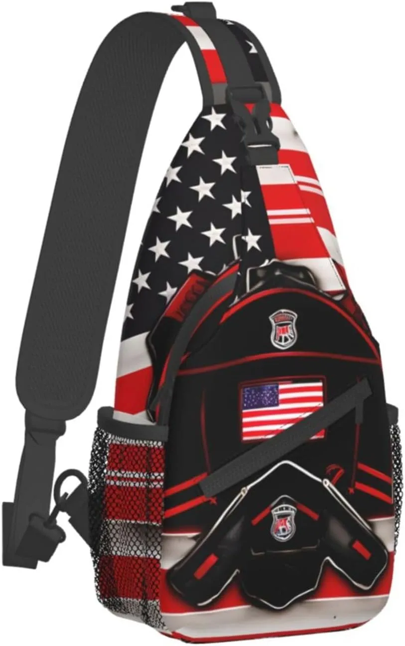 Red Line Firefighter USA Flag Print Sling Backpack, Sling Bag, Crossbody Chest Bag Daypack, for Hiking Travel
