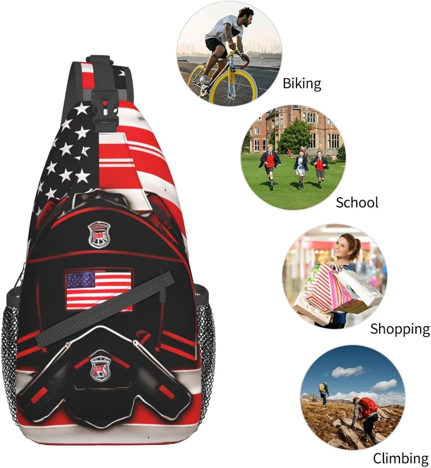 Red Line Firefighter USA Flag Print Sling Backpack, Sling Bag, Crossbody Chest Bag Daypack, for Hiking Travel