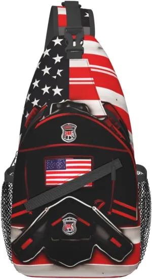 Red Line Firefighter USA Flag Print Sling Backpack, Sling Bag, Crossbody Chest Bag Daypack, for Hiking Travel