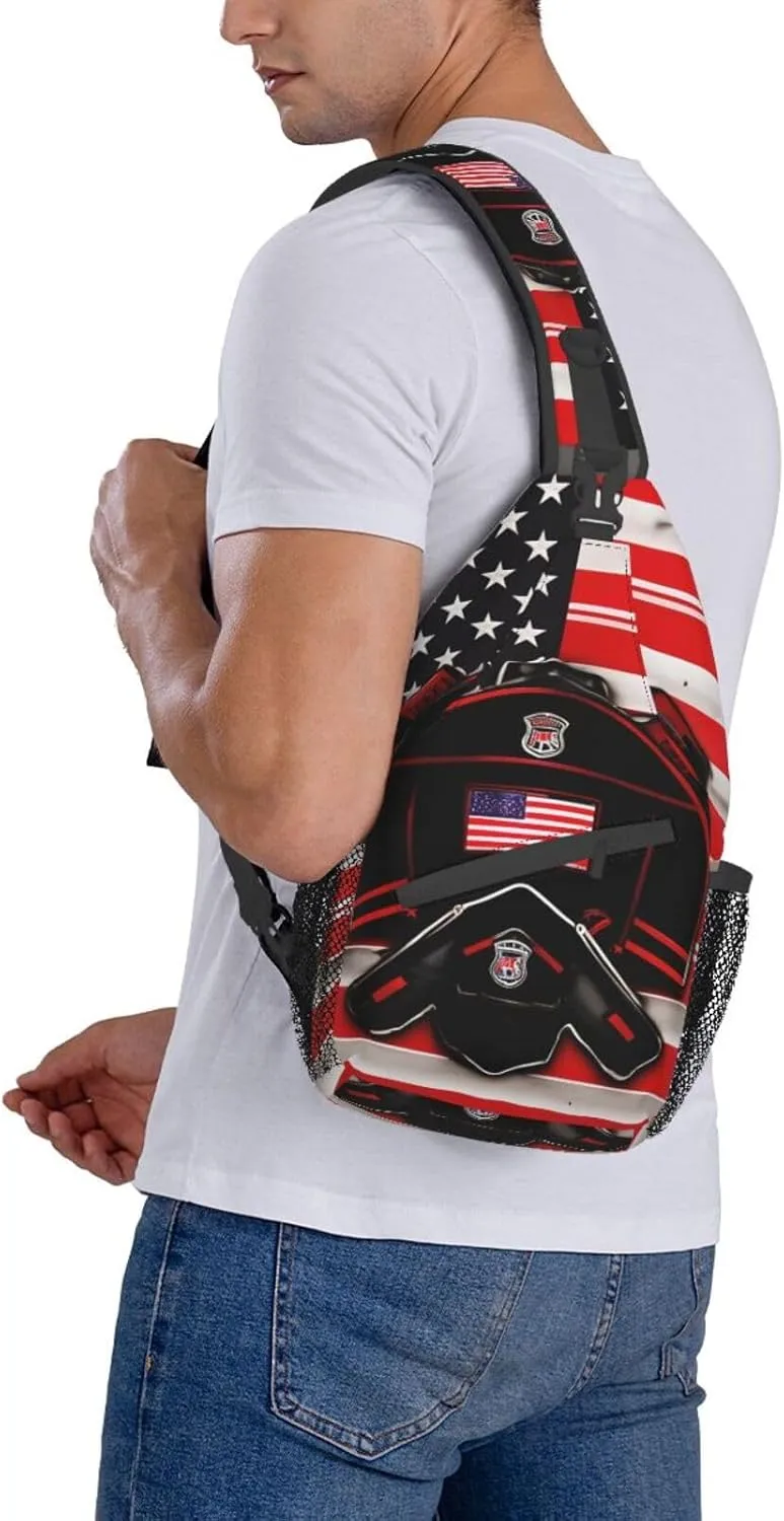 Red Line Firefighter USA Flag Print Sling Backpack, Sling Bag, Crossbody Chest Bag Daypack, for Hiking Travel