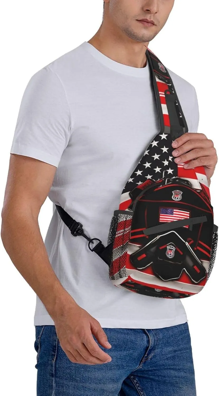 Red Line Firefighter USA Flag Print Sling Backpack, Sling Bag, Crossbody Chest Bag Daypack, for Hiking Travel