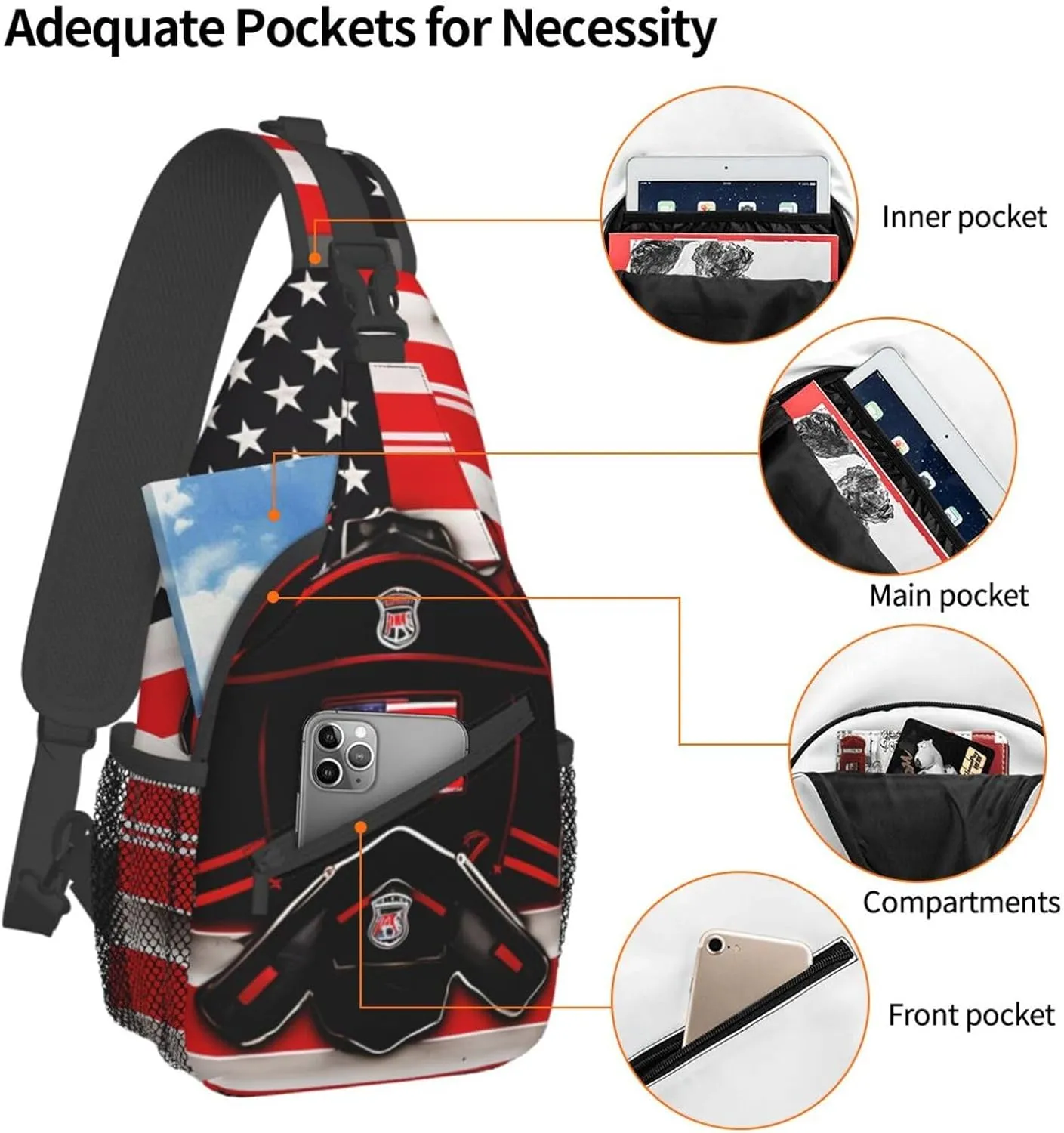 Red Line Firefighter USA Flag Print Sling Backpack, Sling Bag, Crossbody Chest Bag Daypack, for Hiking Travel
